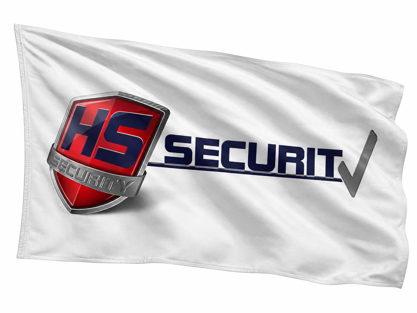 Witte vlag met rood en blauw HS Security-logo en tekst.