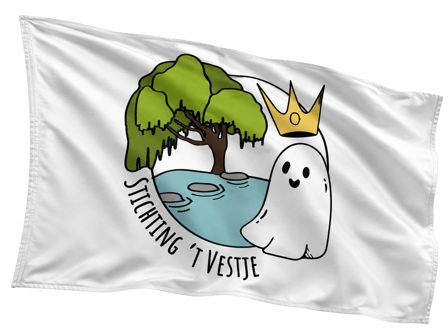 Witte vlag met een cartoonboom, een spook met een kroon en de tekst 