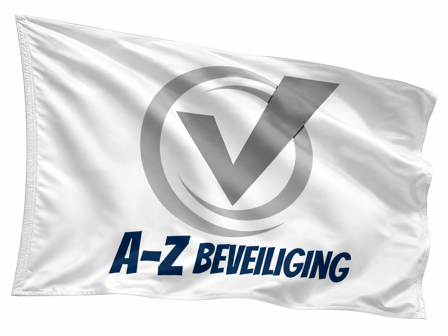Witte vlag met grijs vinkje en blauwe tekst 