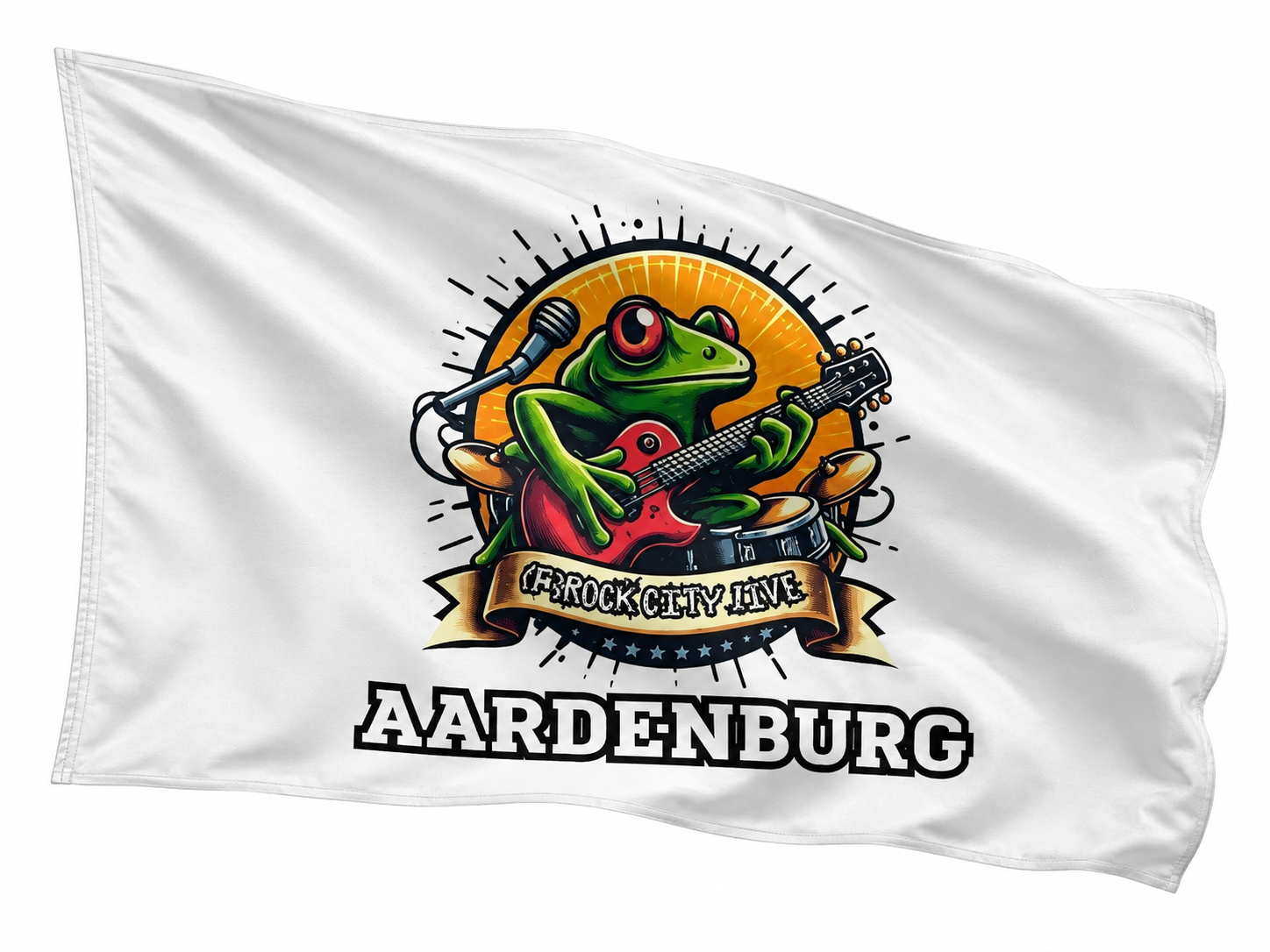 Vlag van Aardenburg met een kleurrijk kikkerlogo op een witte achtergrond.
