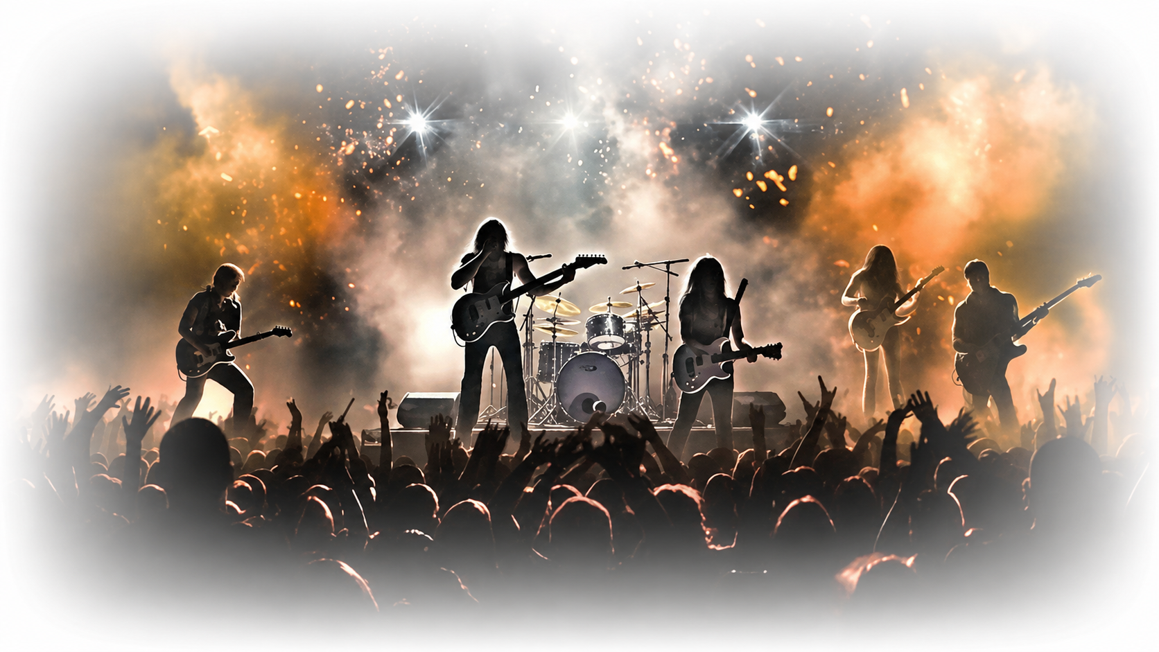 Rockband treedt op op een podium met feloranje licht en een juichend publiek in silhouet.