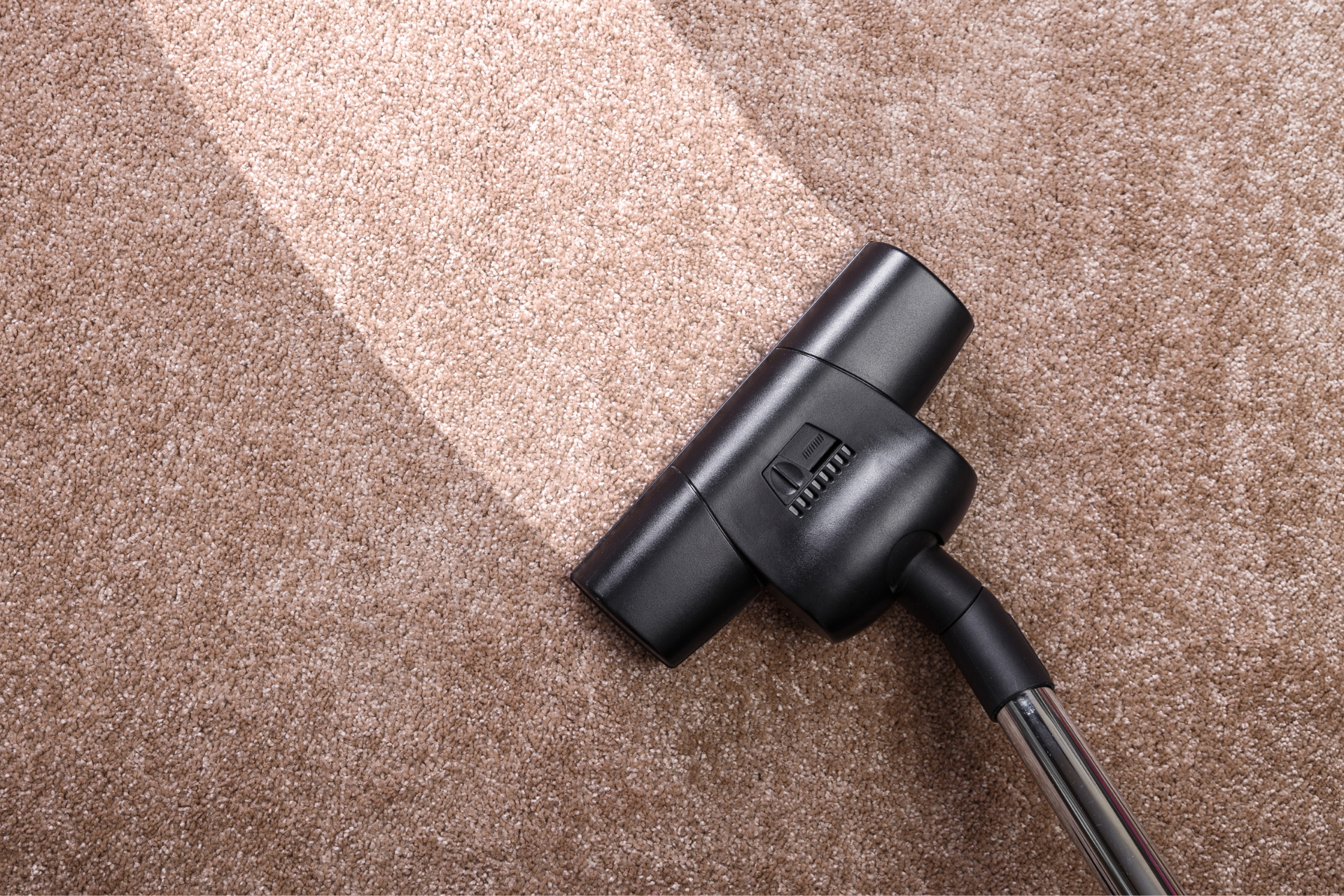 Black vacuum cleaner nozzle on a brown carpet near a lighter cleaned strip