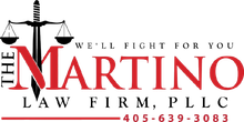 Martino Law Firm logo with scales of justice, sword, and red and black text on white background