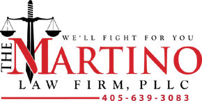Martino Law Firm logo with scales of justice, sword, and red and black text on white background