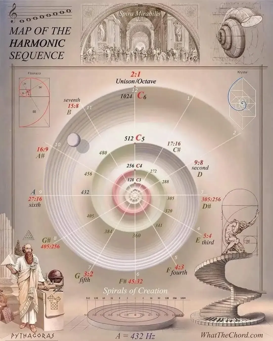 Vintage diagram of the HARMONIC SEQUENCE, with concentric circles, notes, and small decorative illustrations