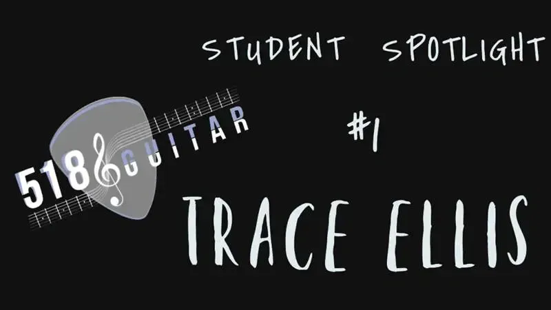 Student spotlight graphic with guitar and text “#1 Trace Ellis” on a black background