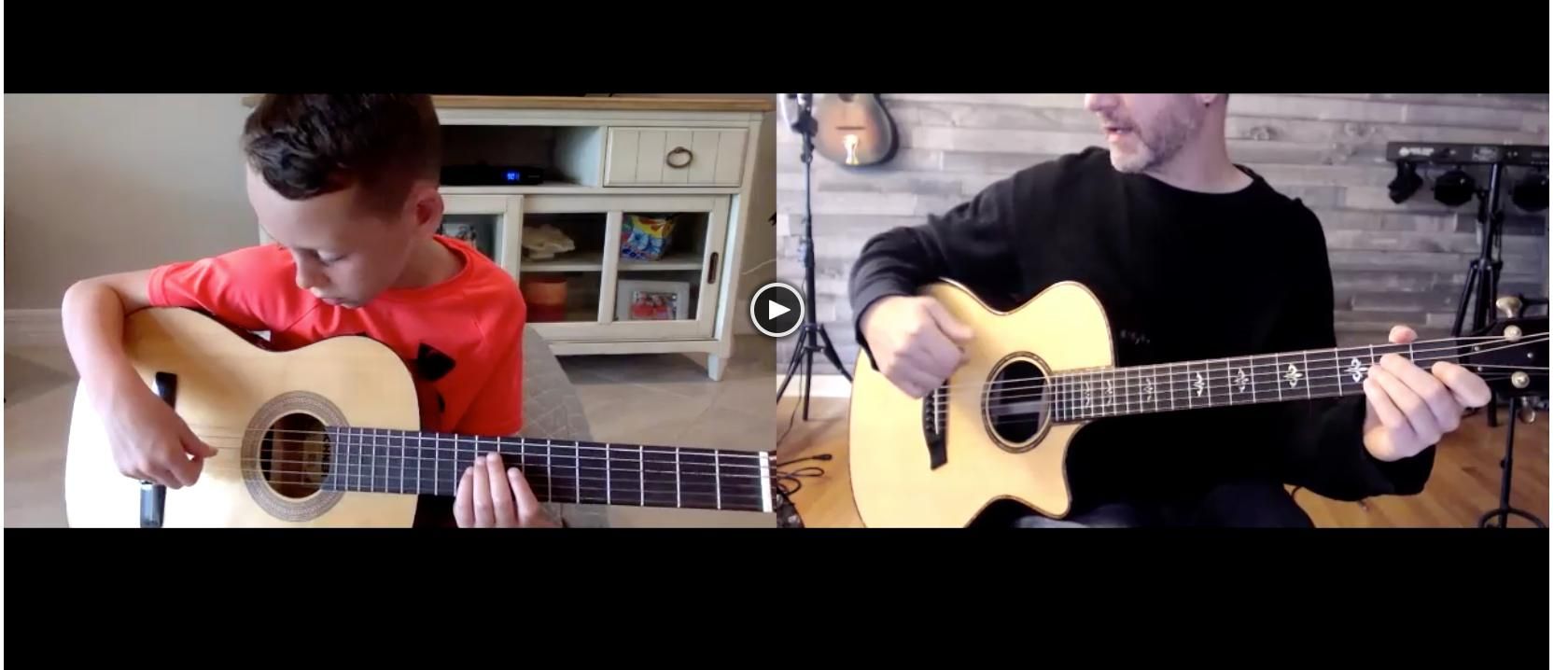 Split-screen of two guitarists playing acoustic guitars in a home setting.