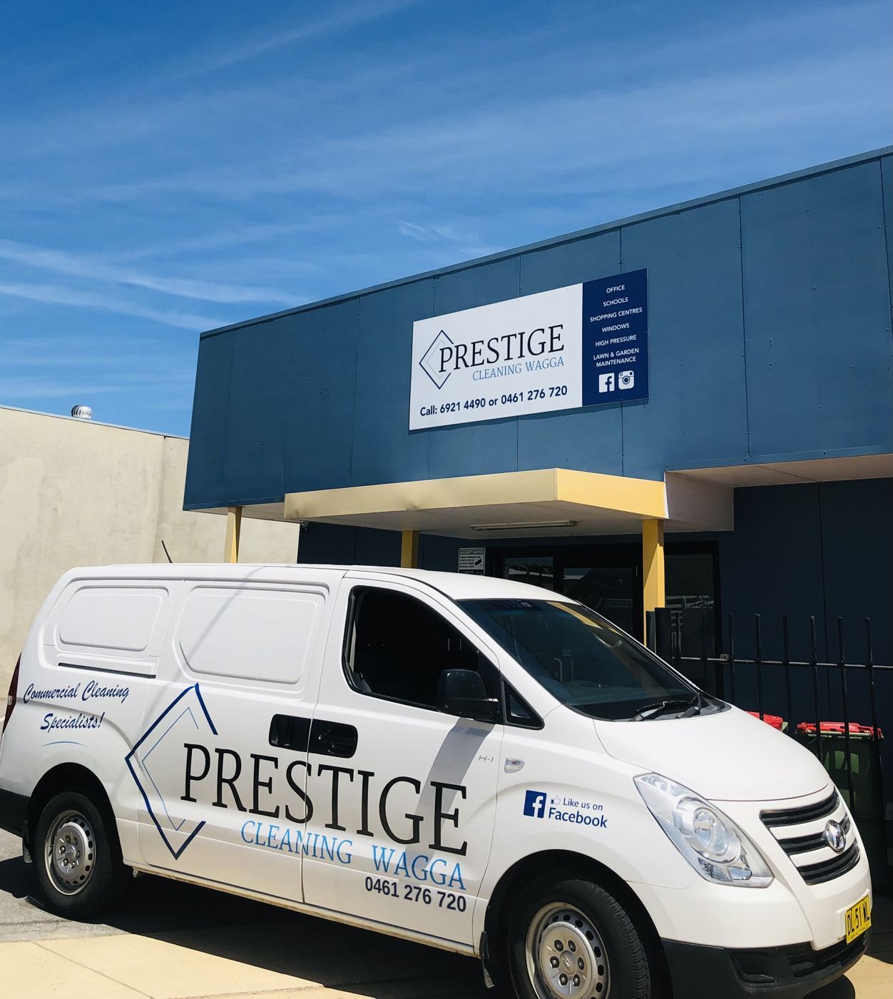 The Prestige Cleaning Wagga office on Edward Street with a company van out front