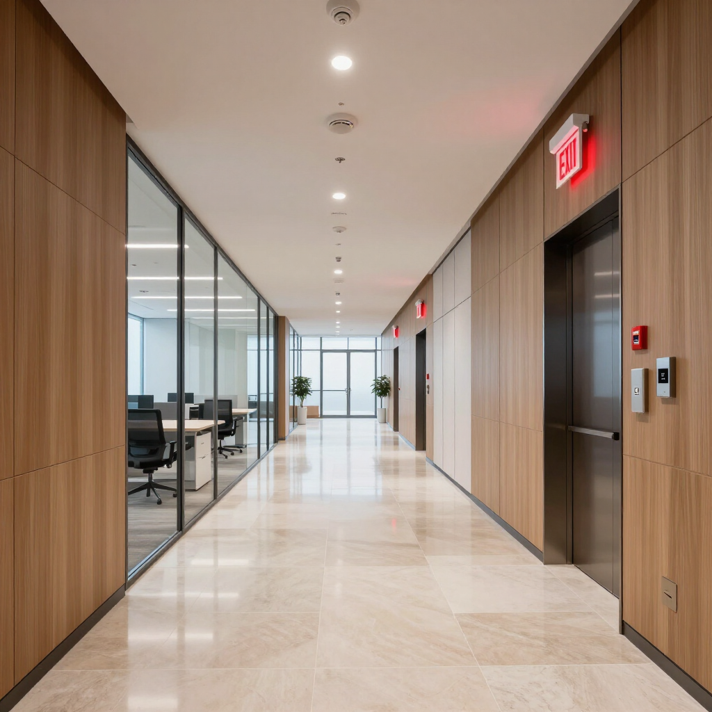 Modern office hallway with glass-walled conference rooms and elevators on a polished floor