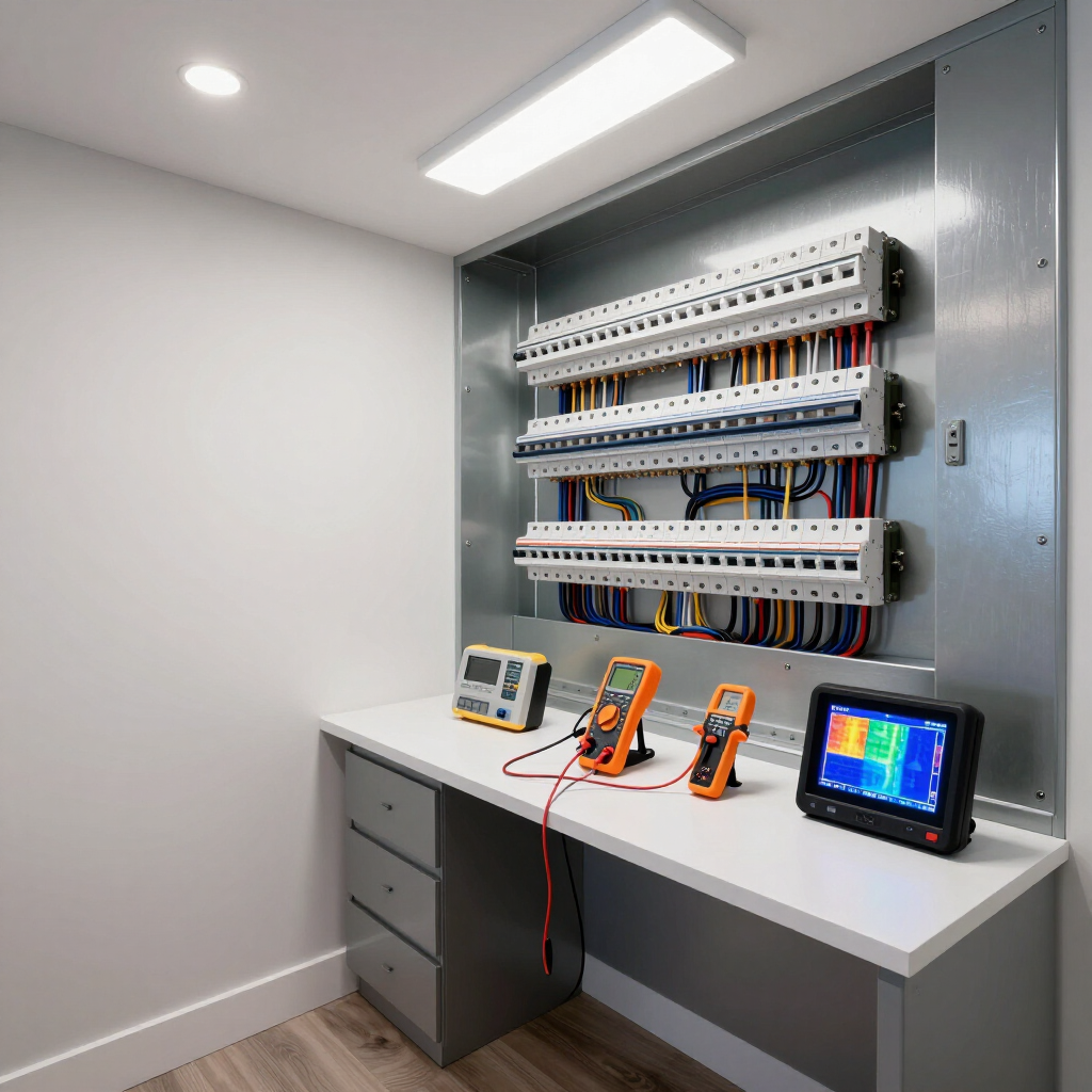 Electrical test bench with breaker panel, wiring, and multimeters in a clean utility room