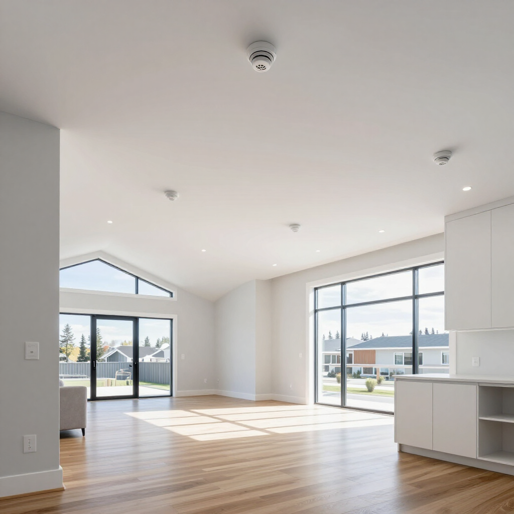 Bright empty modern living room with large windows, light wood floors, and white walls