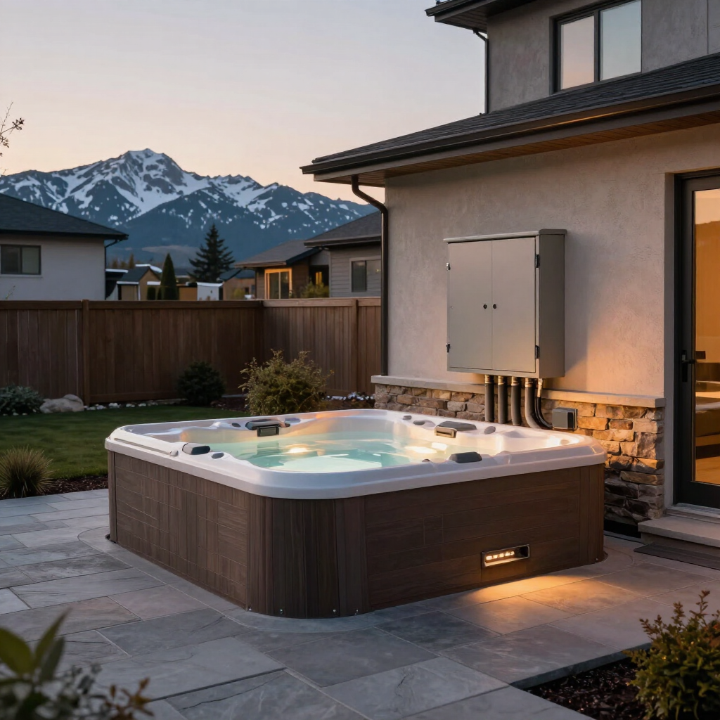 Backyard hot tub glowing at dusk beside a modern house, with snowy mountains in the background