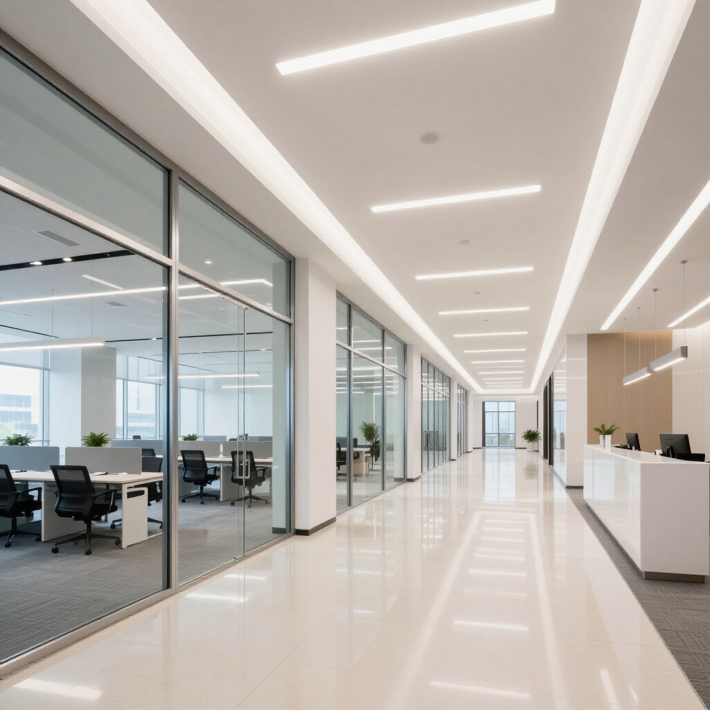 Bright modern office hallway with glass-walled meeting rooms and reception desk