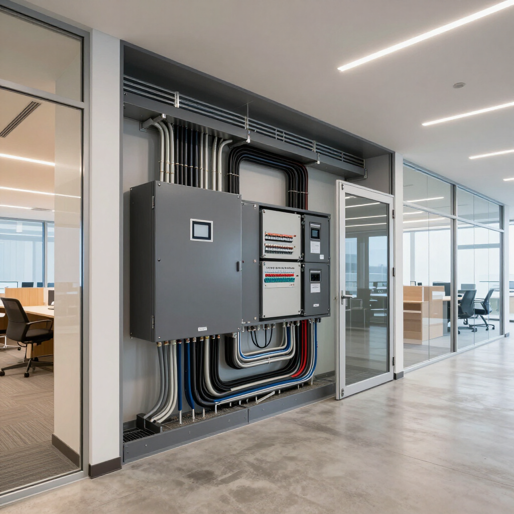 Modern office hallway with exposed electrical panels, cables, and glass-walled conference rooms