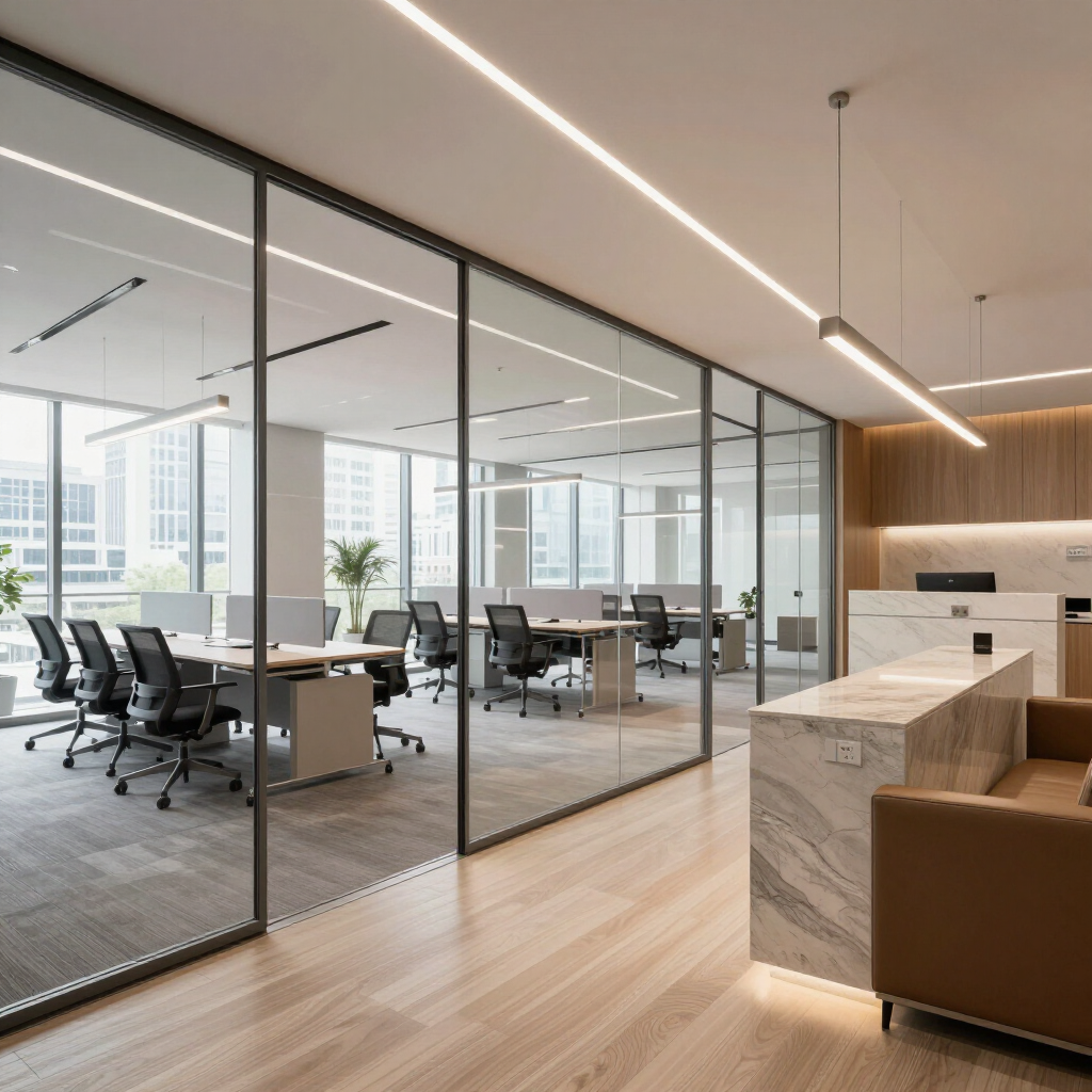 Modern glass-walled office with desks, chairs, and a marble reception counter in a bright open workspace