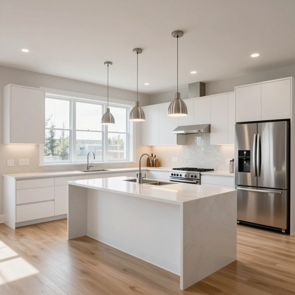 Bright modern kitchen with white cabinets, island, stainless steel appliances, and wood floors