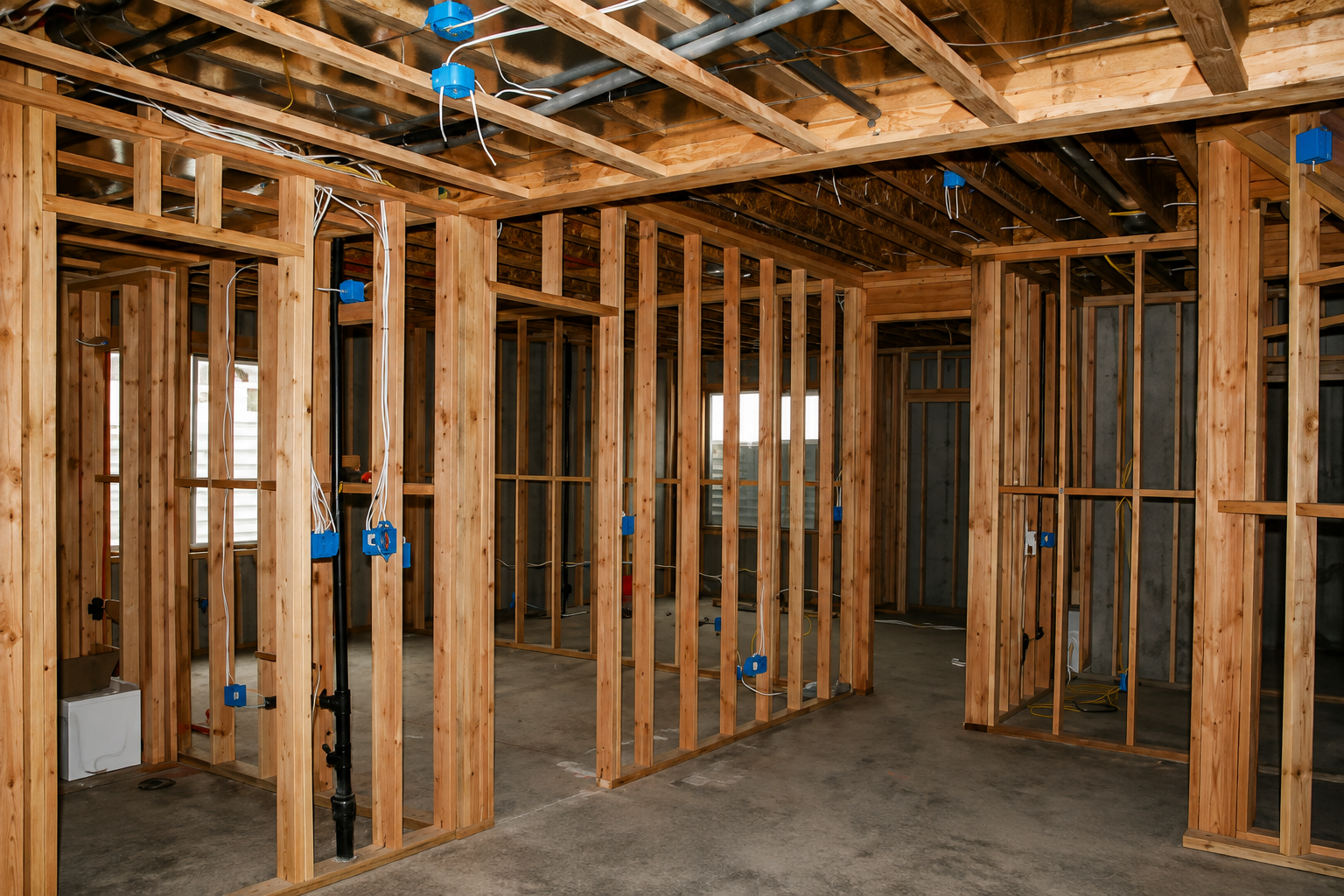 Interior of a house under construction with exposed wooden framing and concrete floor