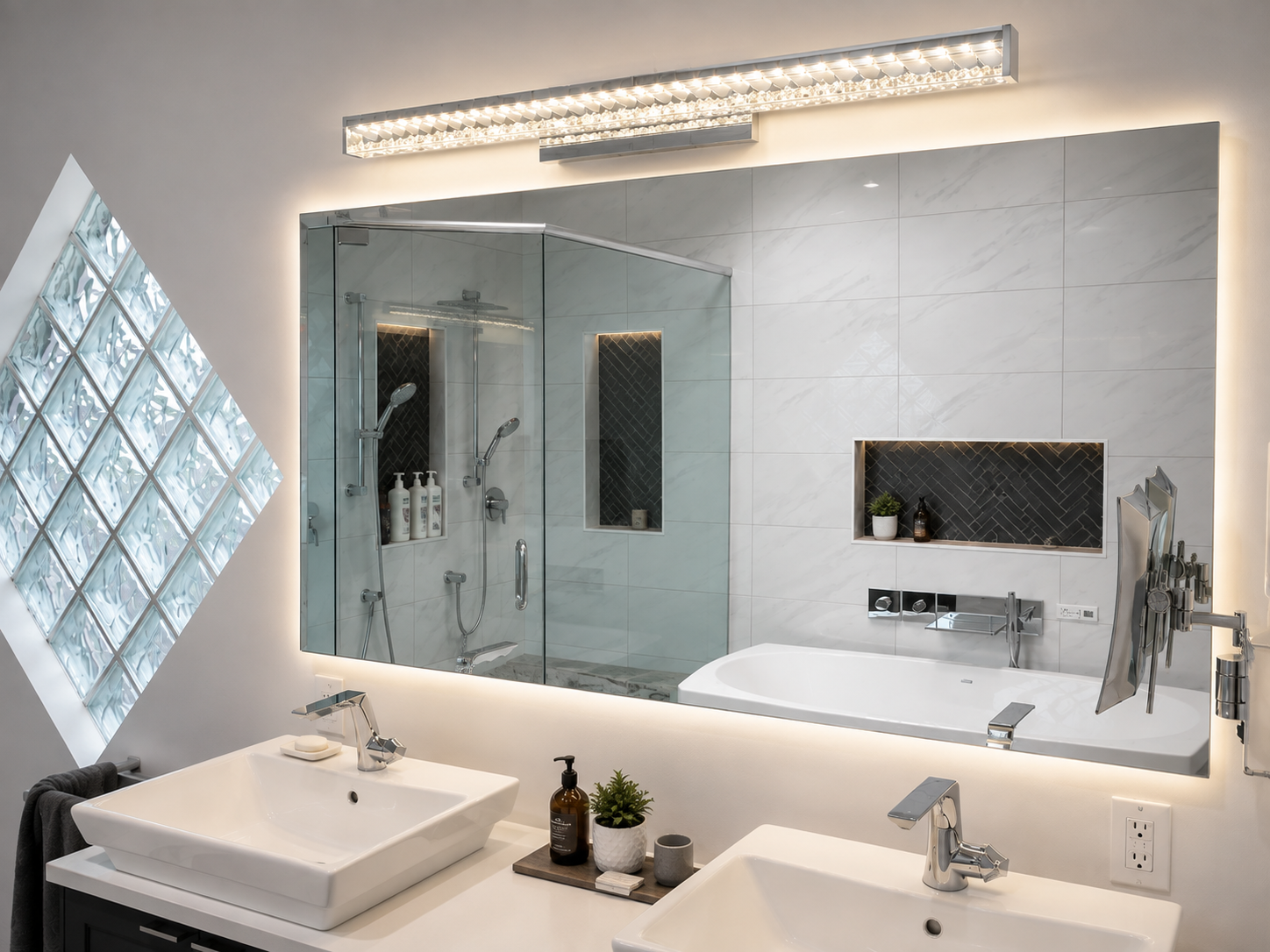 Bright modern bathroom with double sinks, large mirror, and glass shower door