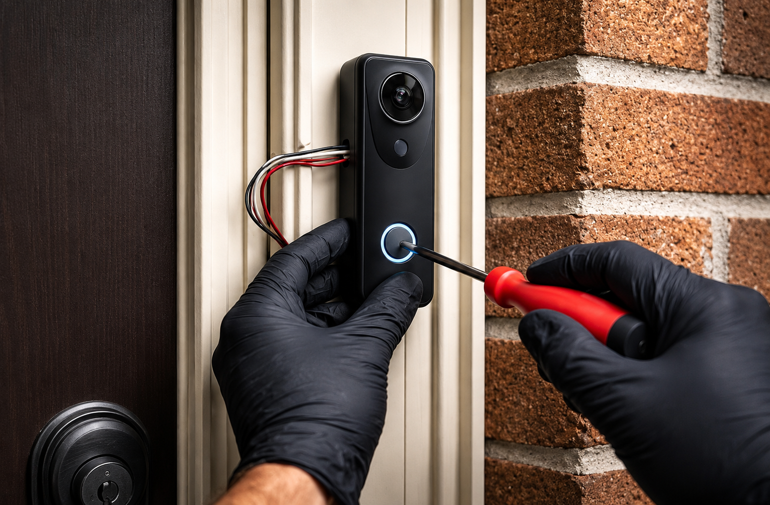 Black-gloved hands use a screwdriver to remove a smart doorbell on a brick entryway.