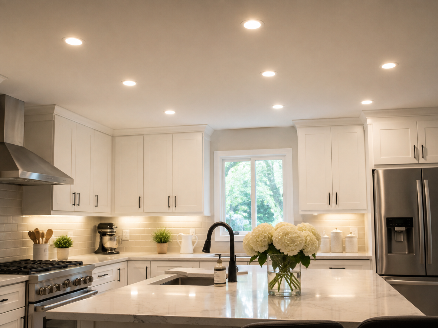 Bright modern kitchen with white cabinets, stainless steel appliances, marble island, and flowers in a vase.