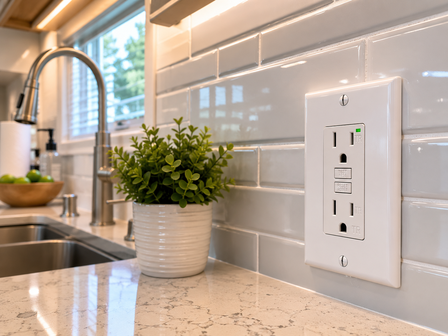 Kitchen countertop with white tile backsplash, plant, and a white electrical outlet near a sink