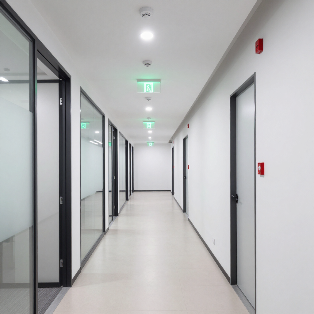 Bright office hallway with glass doors, white walls, and ceiling lights reflecting on a polished floor