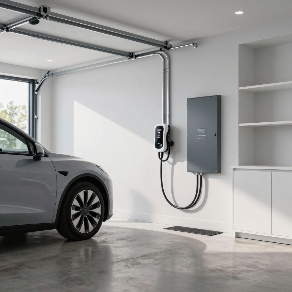 Electric car charging in a modern garage beside a wall-mounted charger and electrical panel
