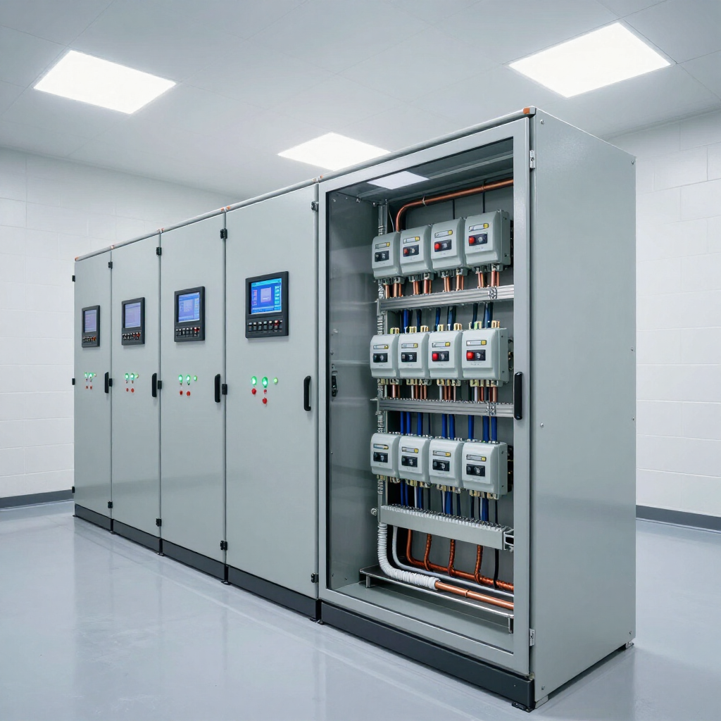 Modern electrical control cabinet with open panel and circuit breakers in a clean room