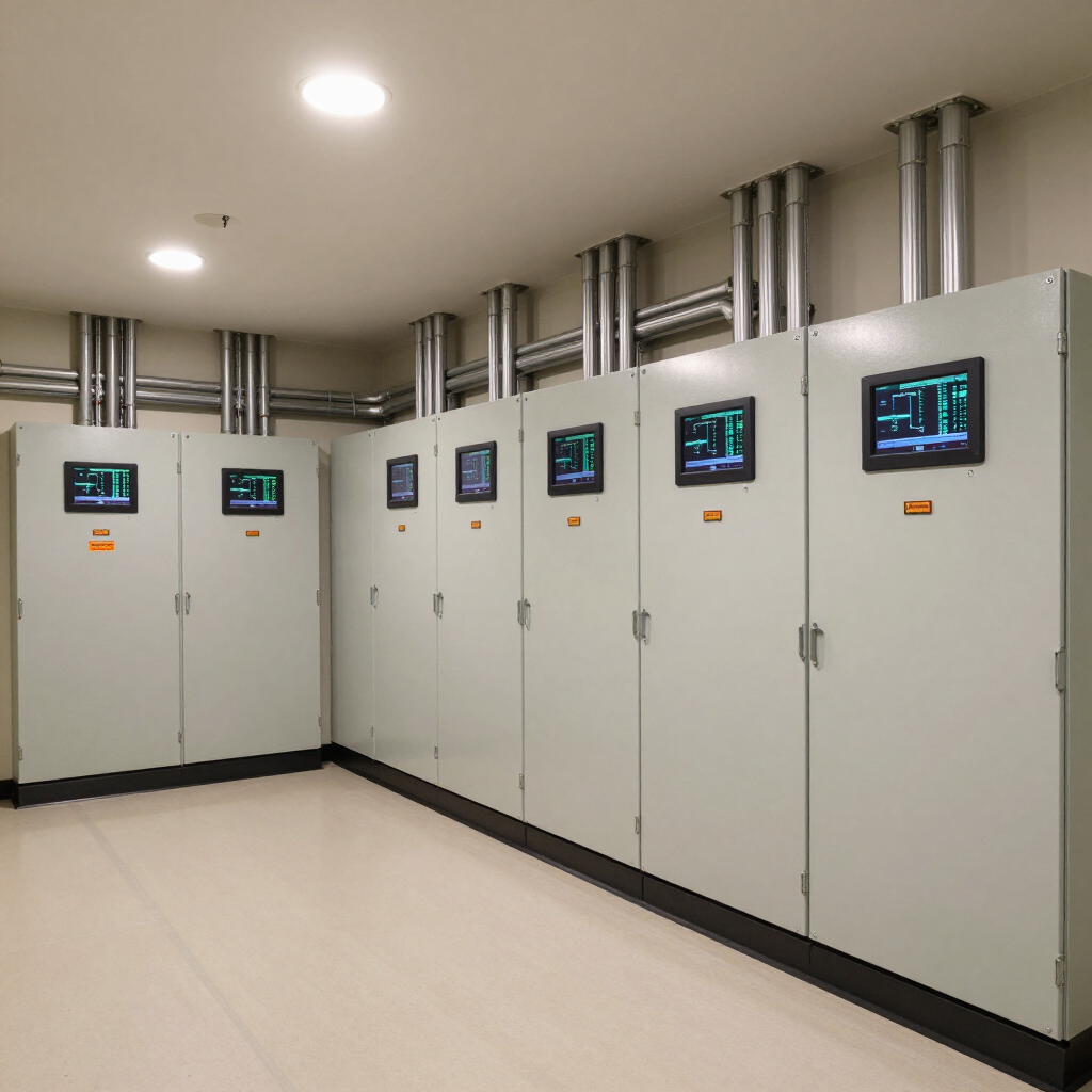 Row of gray electrical control cabinets in a clean utility room, each with small digital displays.