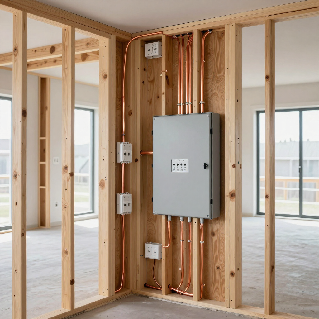 New home electrical panel and copper wiring in unfinished wood-framed room