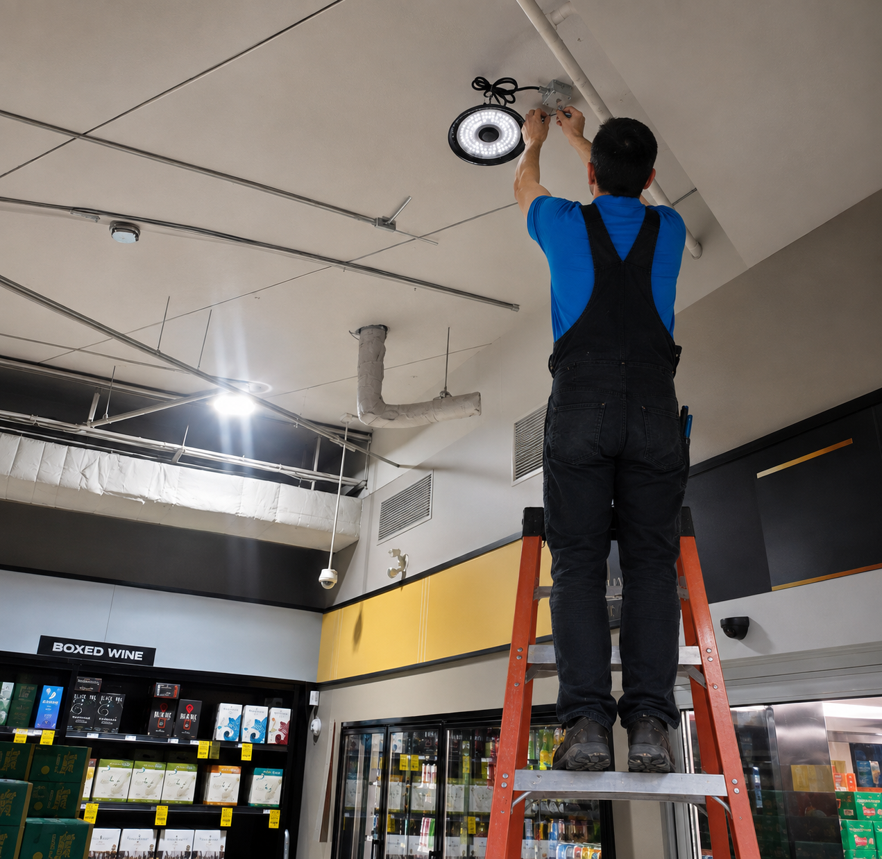 Worker on a ladder replacing a ceiling light in a store aisle.