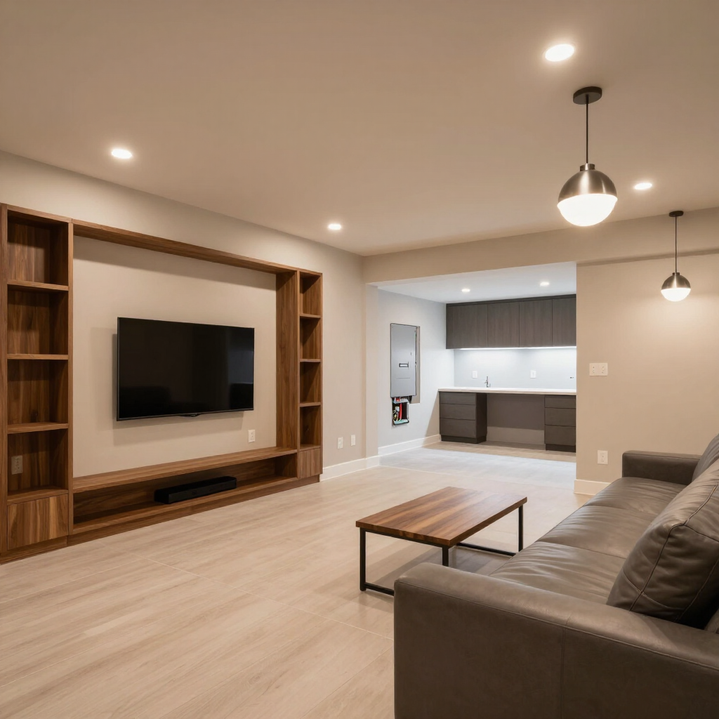 Modern living room with gray sofa, wall-mounted TV, built-in shelves, and open kitchen in the background