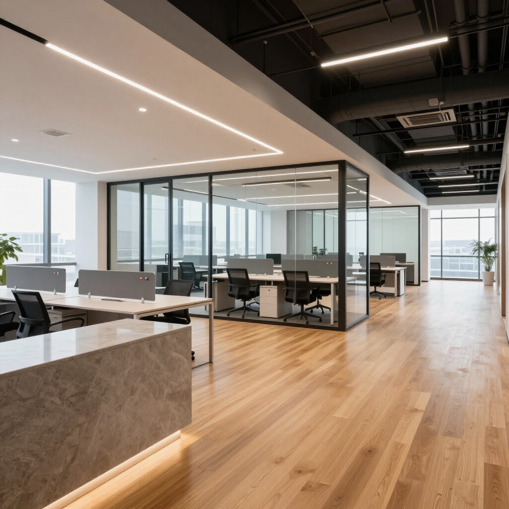Modern open-plan office with glass meeting rooms, wood floors, and bright natural light