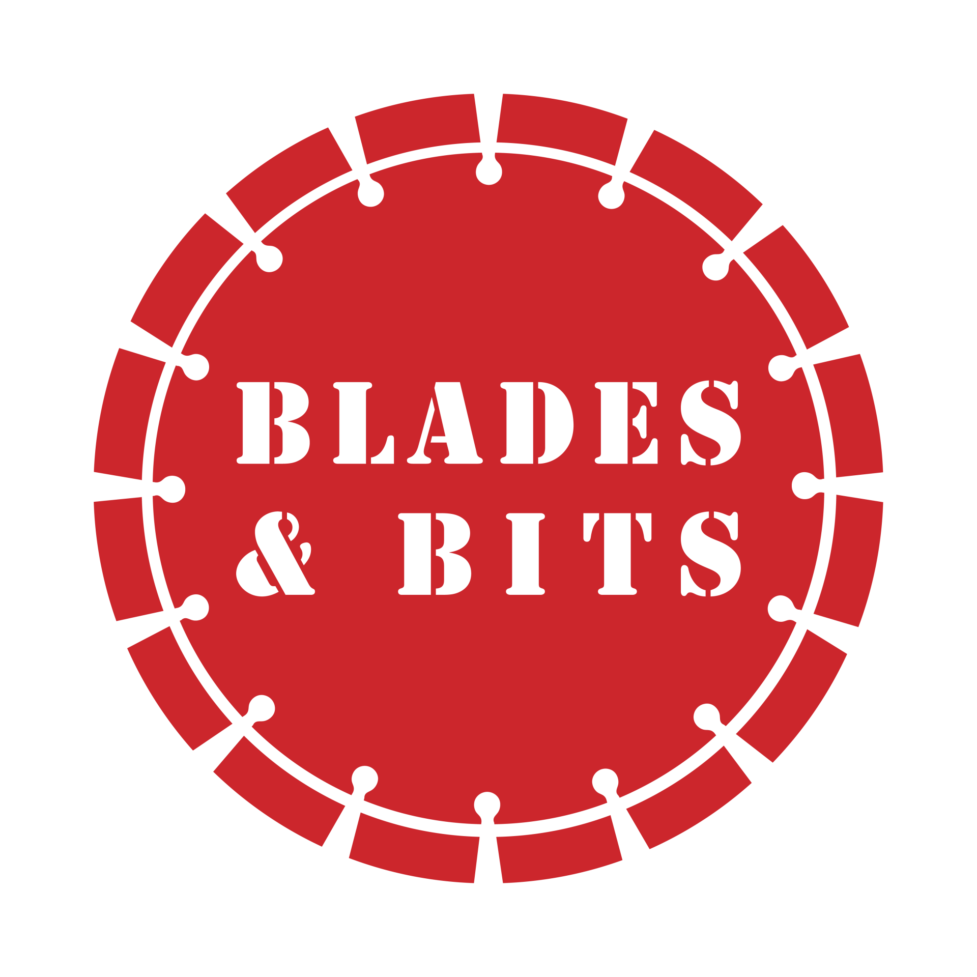 Red circular logo with white “BLADES & BITS” text and a gear-like border