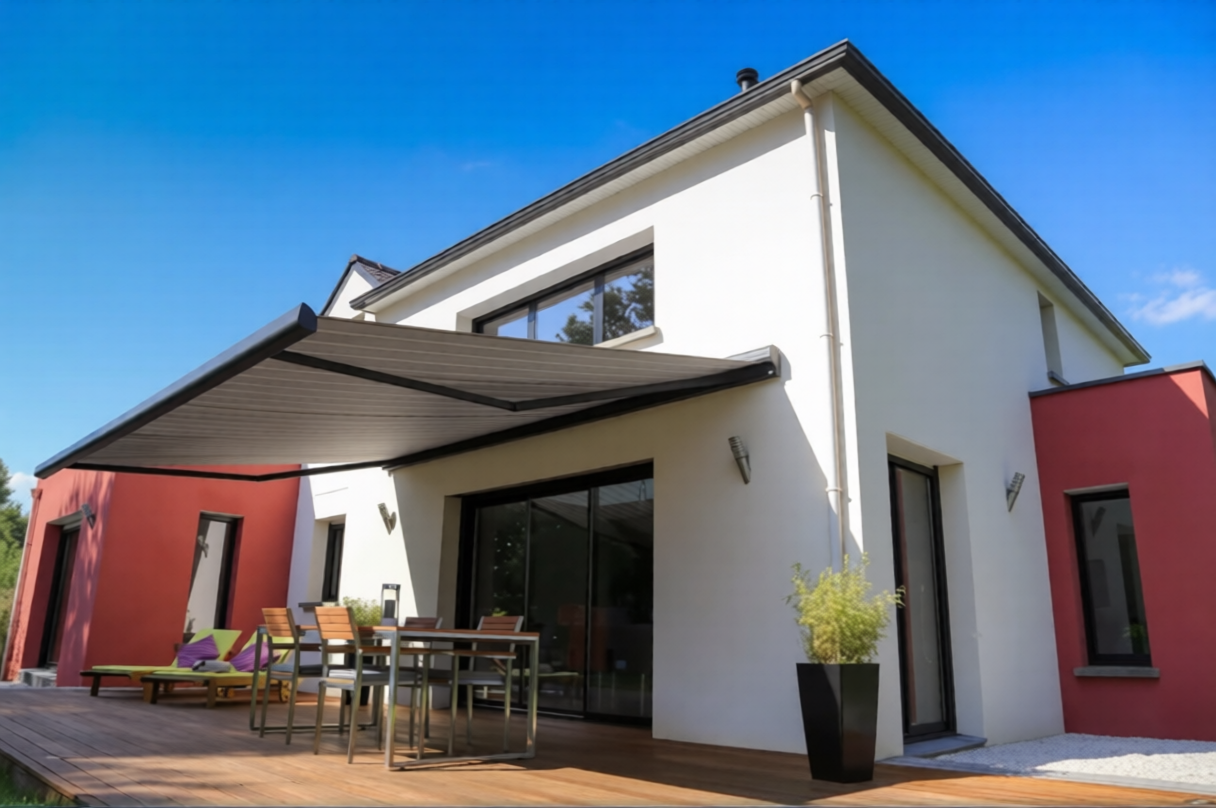 Modern two-story house with black awning, outdoor patio, and red accent walls under a blue sky.