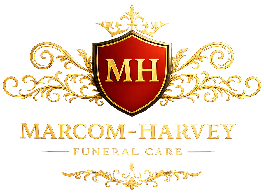 Logo for Marcom-Harvey Funeral Care featuring a red shield with "MH" and gold decorative elements.