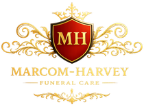 Logo for Marcom-Harvey Funeral Care featuring a red shield with "MH" and gold decorative elements.