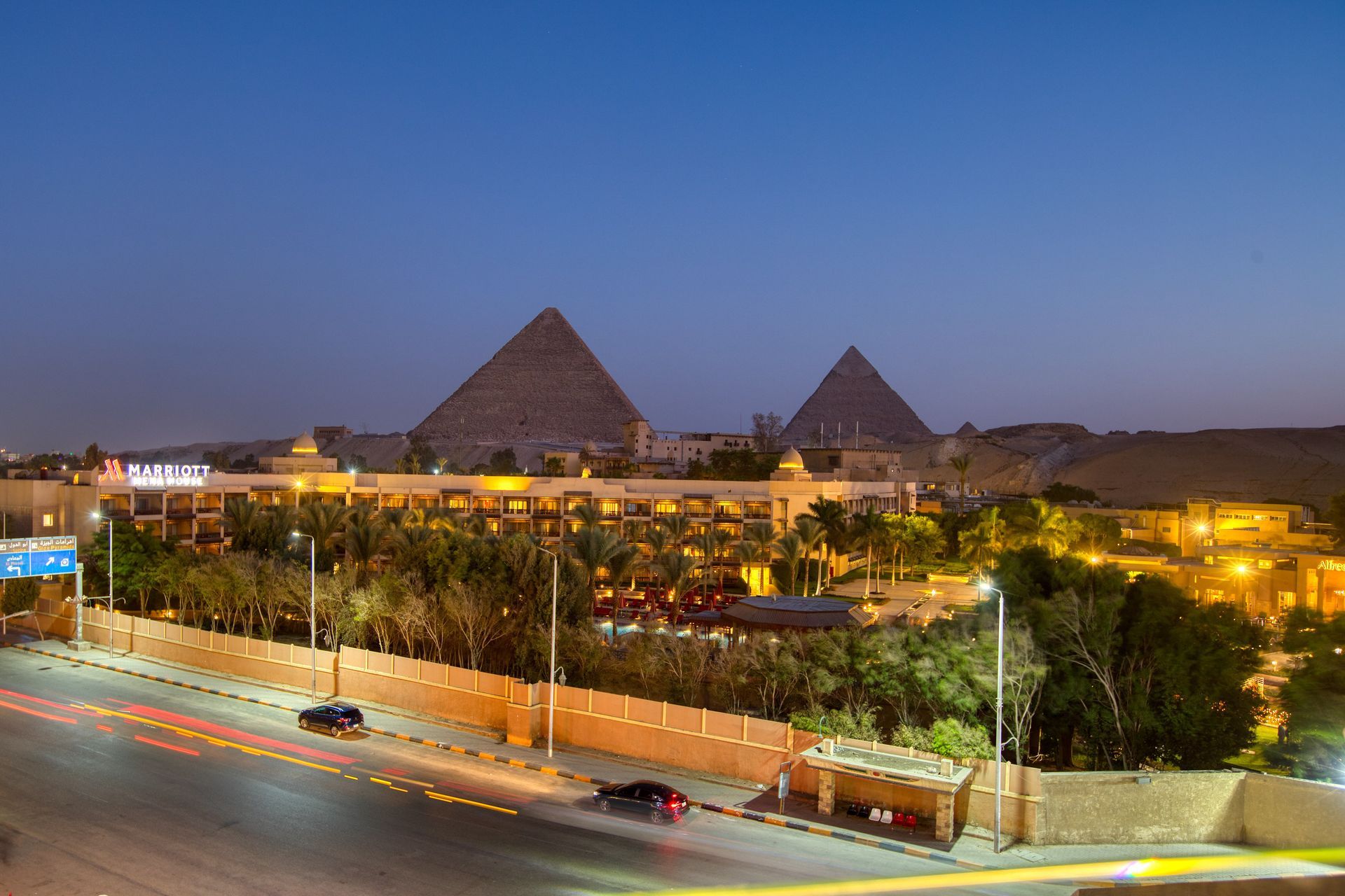 An aerial view of the pyramids at night