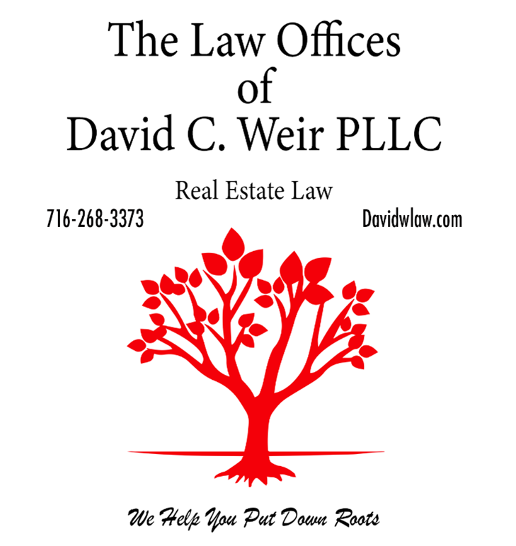 Law Offices of David C. Weir PLLC logo with red tree and roots, real estate law, phone number and website