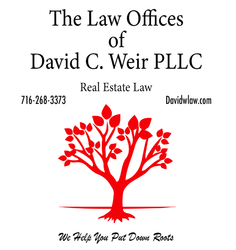 Law Offices of David C. Weir PLLC logo with red tree and roots, real estate law, phone number and website