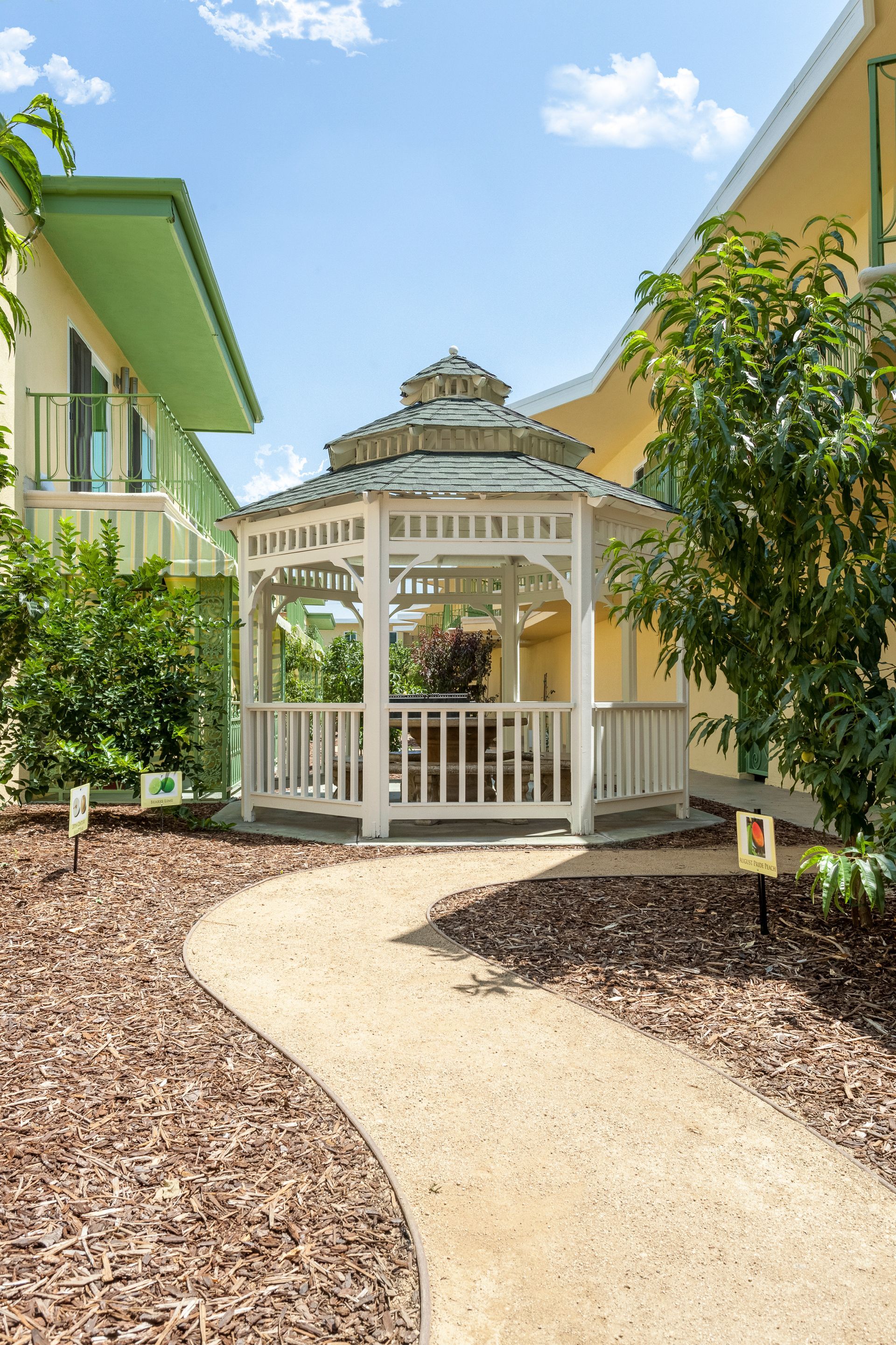 A white gazebo is sitting in the middle of a courtyard between two buildings.