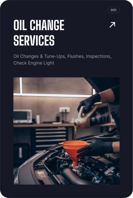 Oil change service ad showing a mechanic pouring oil into a car engine in a garage, with orange funnel and dark  | 106 St Tire and Wheelbackground