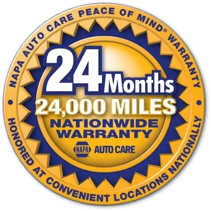 Blue and gold warranty badge on a vacuum cleaner, showing 24 months or 24,000 miles nationwide warranty. | 106 St Tire and Wheel