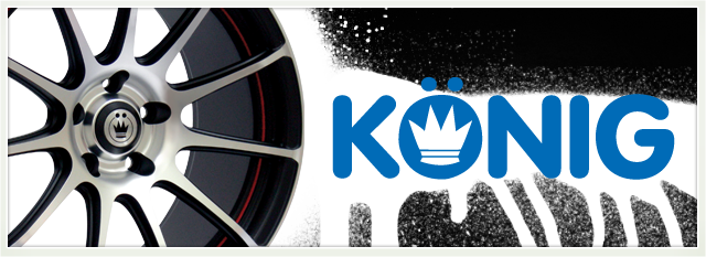 KÖNIG logo in blue beside a silver car wheel rim and tire tread graphic on a white background | 106th Street Tire & Wheel
