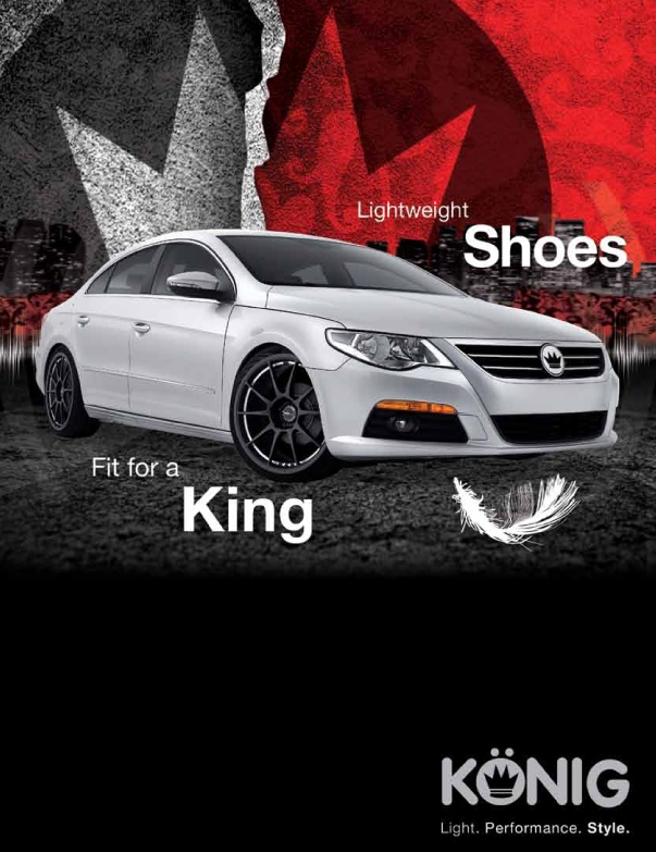 Silver sedan with KONIG branding on a red-and-black promotional background, text reading “Fit for a King” and “Shoes.” | 106th Street Tire & Wheel