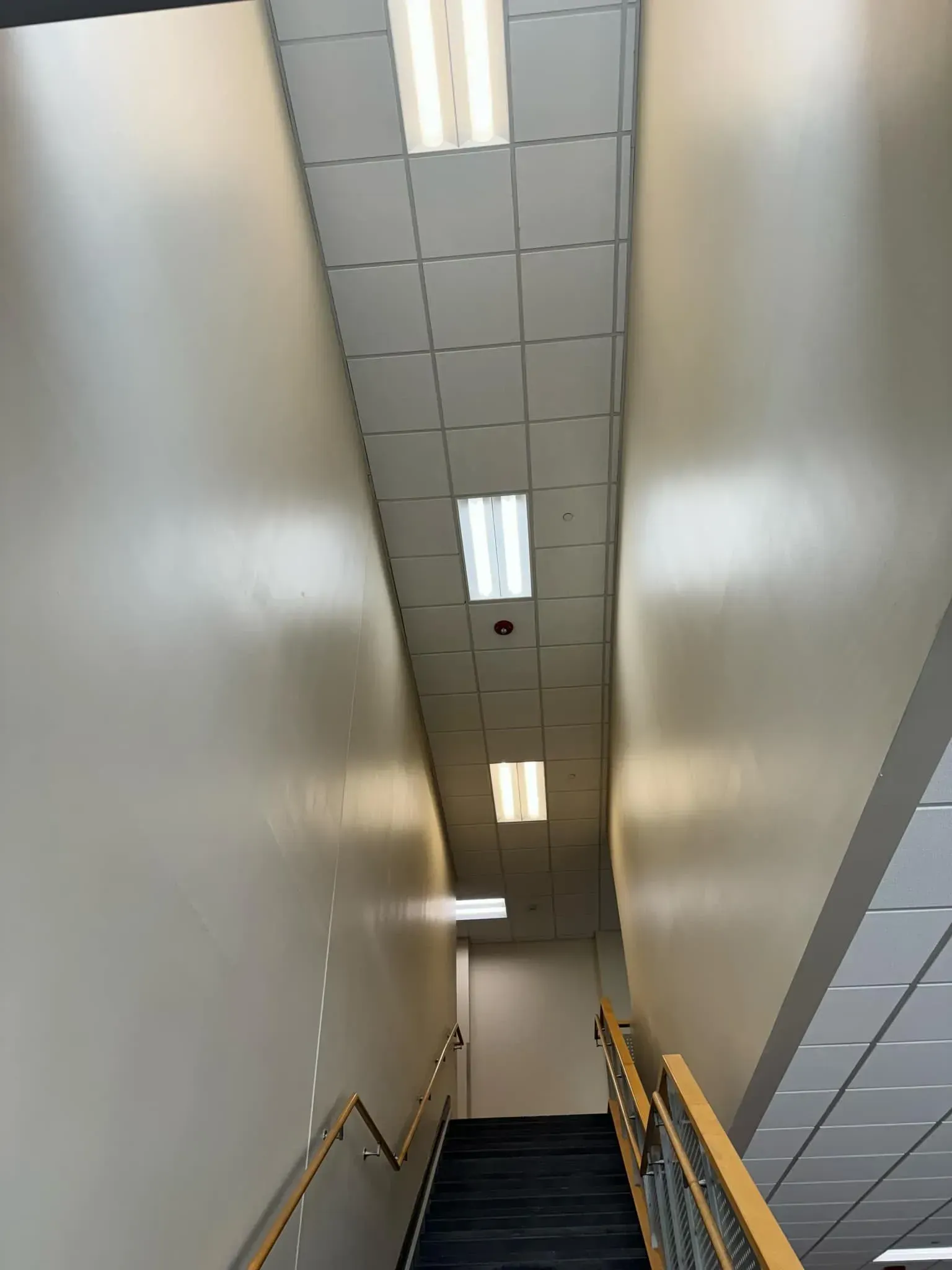 Stairwell with beige walls, black carpeted stairs, and fluorescent lighting in the ceiling.