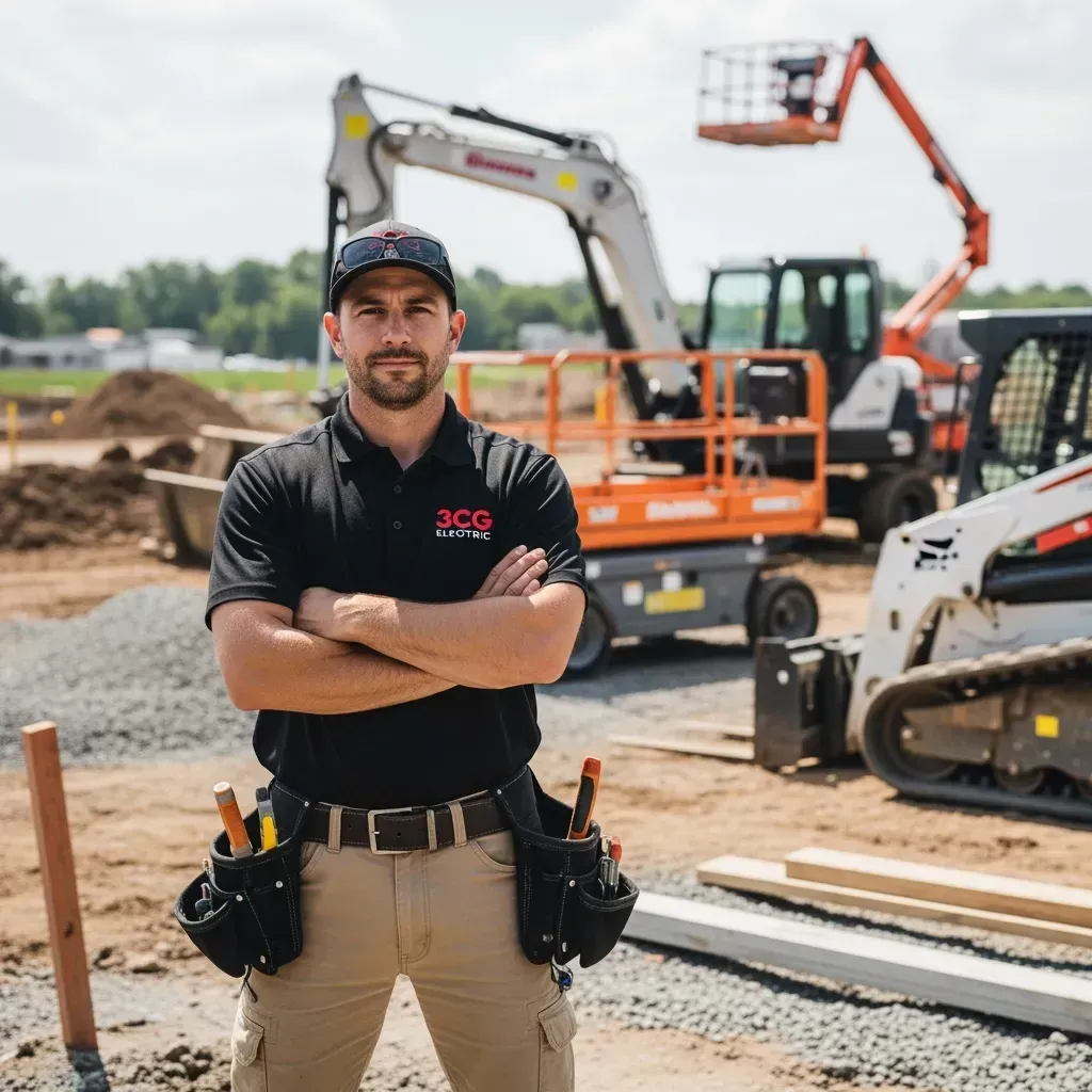Construction worker with arms crossed, standing at a construction site. Machinery in background.