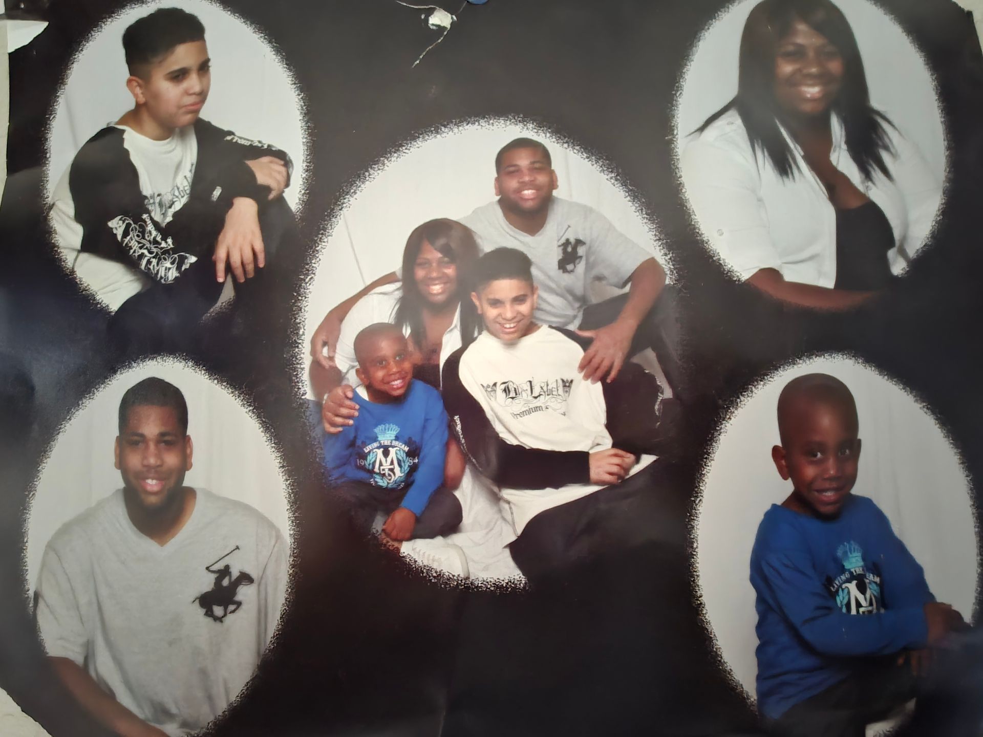 Collage of six family portraits in oval frames on a dark background