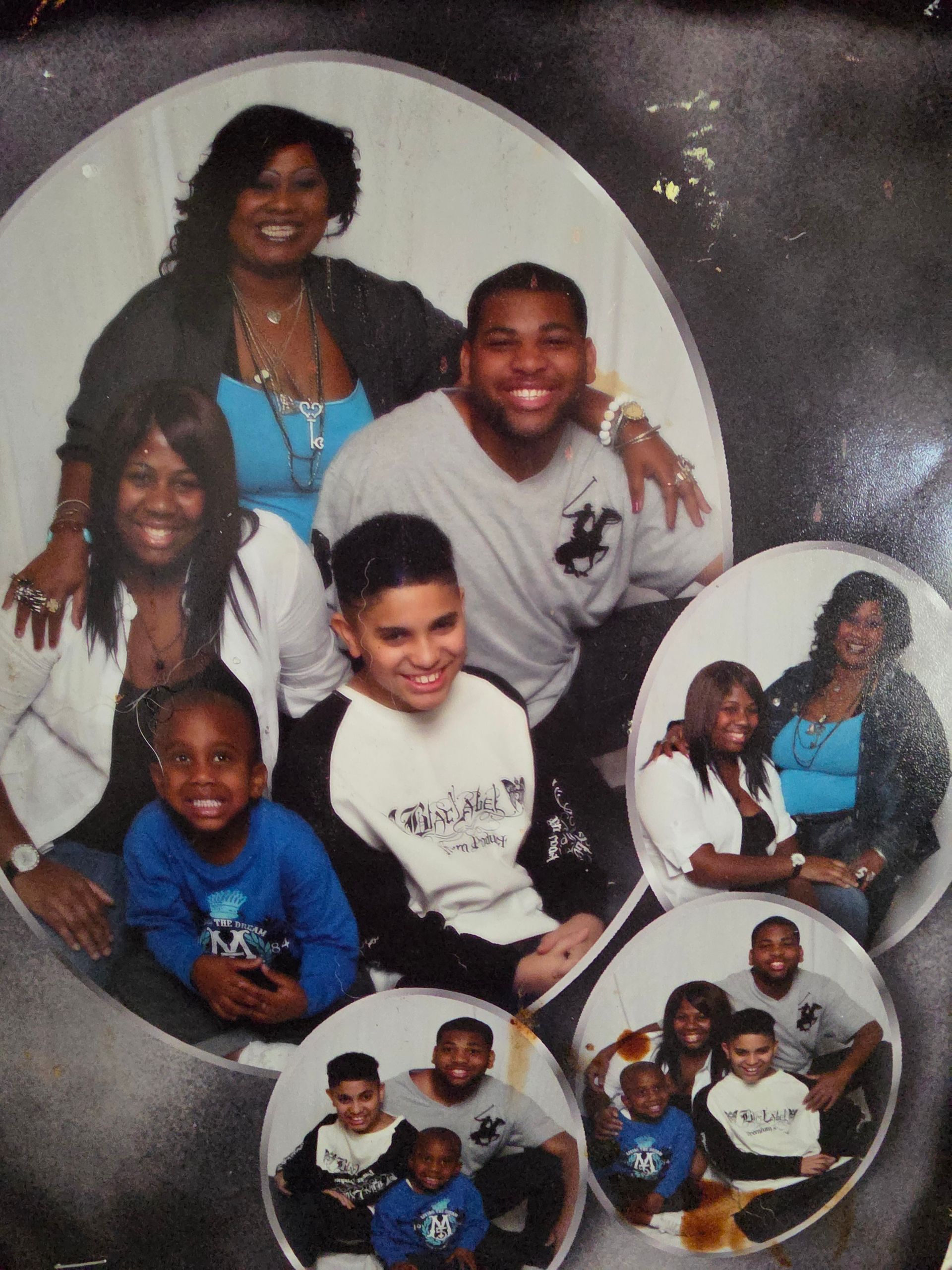 Collage of smiling family photos in circular frames on a dark background