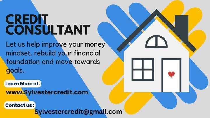 Credit consultant ad with house icon, blue and yellow design, and website and email contact info.